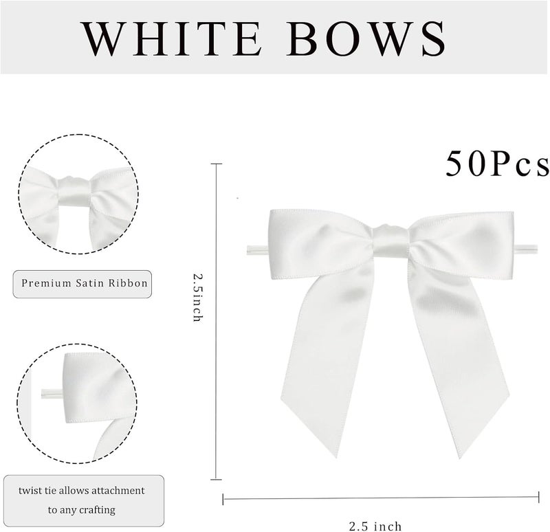 Sokfone Satin Ribbon White Bow Decor 2.5" Premade Pink Twist Tie Bows for Gift Wrapping Treat Bags Party Favors Wedding Decorations - 50 Counts - Image 3